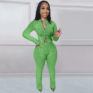 Full view of women's lime green ribbed knit two-piece set with two-way zipper