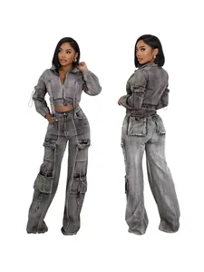Damen Top And Bottom Mode Gewaschene Denim Jacke Und Cargo Hose Hochelastische Multi Pocket Outfits