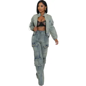 Full view of a stylish two-piece washed denim cargo set with multiple pockets and jacket.