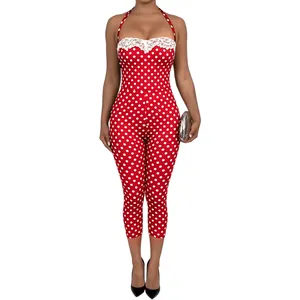 Sexy red polka dot halter neck jumpsuit with elegant white lace trim and cropped legs