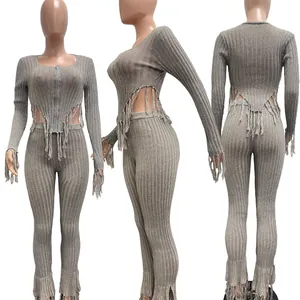 Multi-angle showcase of the ribbed knit fringe set design and silhouette in taupe