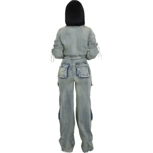 Detailed back view of washed denim outfit showing drawstring cuffs and large cargo pockets.