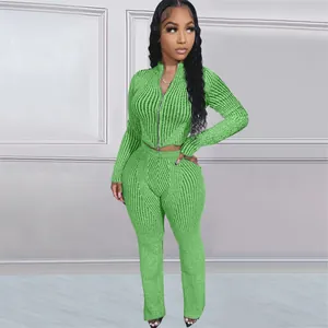 Fashionable green ribbed knit two-piece lounge set with a unique two-way zipper design for women
