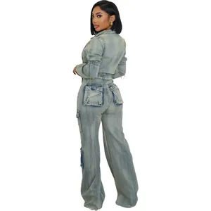 Back view of a woman wearing a sexy washed denim two-piece set with multi-pocket details.