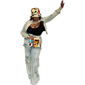 Women's chic washed denim two-piece set featuring a jacket and multi-pocket pants
