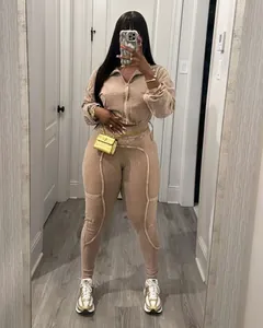 Two-piece acid wash ribbed set with zip jacket and high waist leggings for women