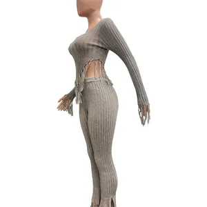 Detailed side view of a grey knit two-piece set with fringe trim and long sleeves