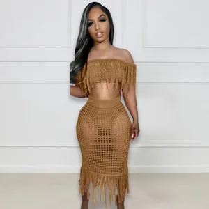 Sexy brown crochet two-piece beach set with fringe details and off-shoulder top