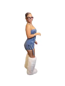 Stylish strapless denim romper with 3D utility pockets and slim fit design for women