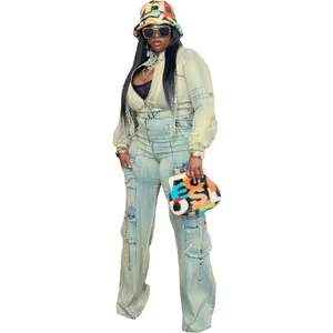 Full body view of light wash denim two-piece set with cargo pockets and colorful accessories.