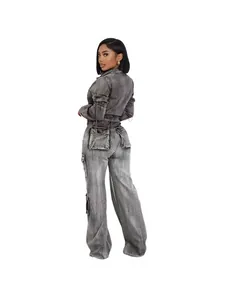 2-teiliges Damen-Set aus gewaschenem Denim mit hoher Dehnbarkeit und Cargo-Taschen
