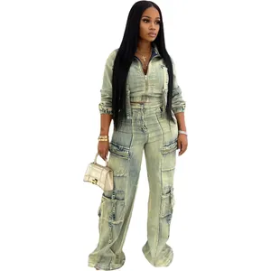Detail view showing washed denim set with multi-pocket cargo pants and jacket.