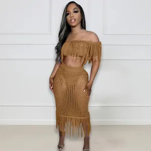 Sexy brown crochet two-piece beach set with long fringes and see-through mesh midi skirt