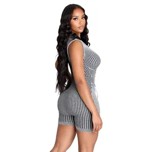 Combinaison courte sans manches en tricot côtelé à rayures grises pour femmes, sexy