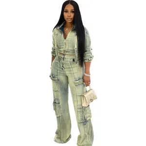 Full view of women's fashionable washed denim two-piece set with multi-pocket cargo pants