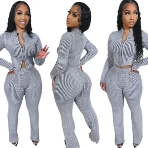 Three-view display of a grey ribbed knitted two-piece set with two-way zipper top