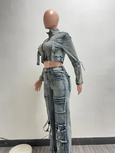 Detailed side view of washed blue denim two-piece set featuring multi-pocket cargo pants