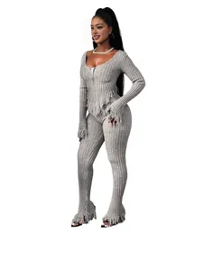 Elegant grey knitted long sleeve top and trousers set with stylish fringe trim