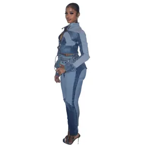 Full-body view of women's two-piece patchwork washed denim set in blue