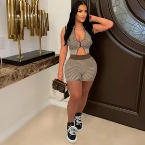 Fashionable brown ribbed knit two-piece set for women with double zipper top and shorts