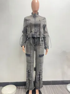 Full front view of a trendy washed gray denim cargo two-piece set on a mannequin.