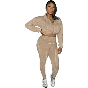 Acid wash distressed two-piece set with ribbed texture and cropped zip-up hoodie