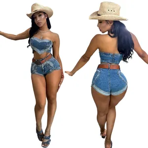 Front and back view of sexy denim two-piece set with heart-shaped stitching detail