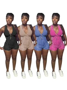 Dames Acid Wash Geribbelde Romper Mouwloos V-Hals Rits Slim Fit Korte Jumpsuit Fashion Casual Streetwear Outfit