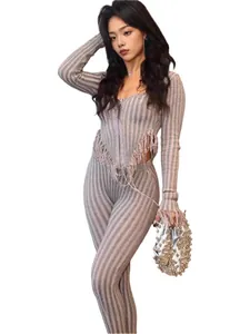 Fashionable sexy grey striped knit two-piece leisure set with handmade fringe trim for women
