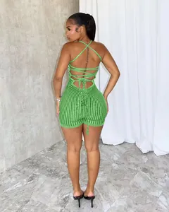 Rear view detail of a sexy green backless lace-up ribbed knit romper for women fashion