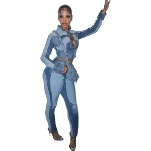 Stylish high-stretch patchwork denim two-piece set with sexy color-block wash detail.