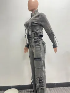 Side view of washed grey denim two-piece set with cargo pants and cropped jacket