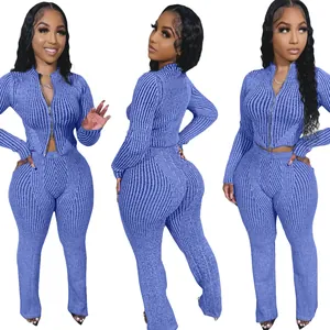 Multi-angle view of blue ribbed knit two-piece set featuring double-way zip-up sweater and pants