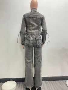 Back view of washed black denim cargo two-piece set on a mannequin
