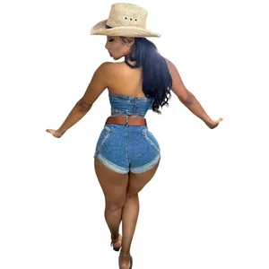 Back view of sexy heart-shaped washed denim two-piece set for women featuring tube top and shorts