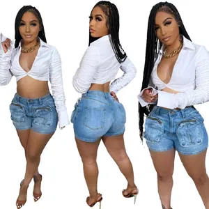 High-waist stretchy denim cargo shorts with 3D zipper pockets shown from multiple angles