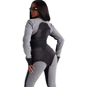 Back view of a high-stretch color-block washed denim two-piece set in grey and black