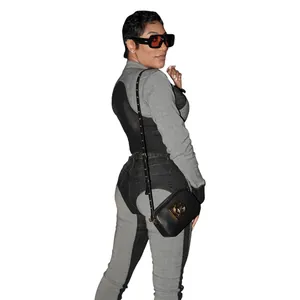 Detailed view of women's patchwork denim two-piece set with high stretch and color blocking