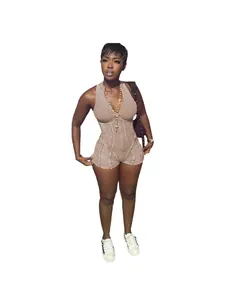 Sexy geribbelde mouwloze jumpsuit met rits en distressed wassing voor dames