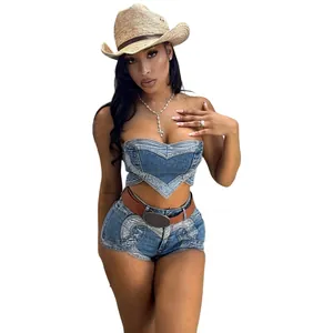 Detail of a sexy heart-shaped denim two-piece set with strapless top and shorts.