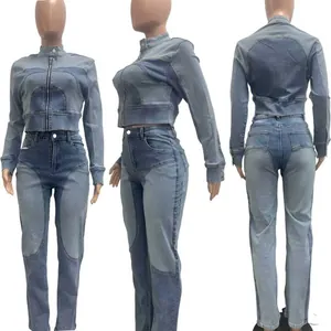 Two-piece washed denim set with patchwork color blocking, jacket and slim fit pants