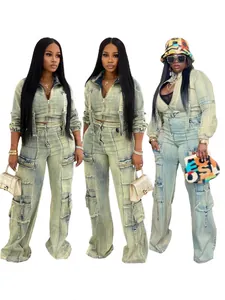 Women Wash Denim Casual Set Long Sleeve Zipper Jacket Multi Pocket Cargo Pants Top And Bottom Outfits Polyester Streetwear