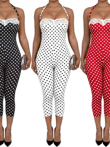Women Sexy Polka Dot Halter Jumpsuit With Lace Trim Patchwork Backless Skinny Capri Top And Bottom One Piece Bodysuit