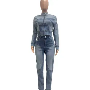 Two-piece washed denim set featuring patchwork design and high-waist stretch pants
