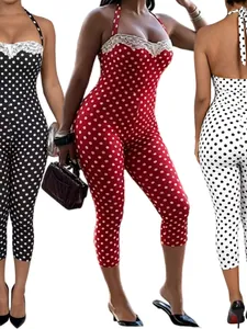 Sexy polka dot halter jumpsuit with white lace trim and backless design for women