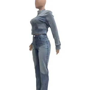 Side view of women's two-piece patchwork denim set featuring high-stretch washed fabric.