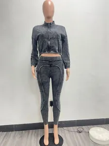 Full view of women's two-piece acid wash workout set featuring vintage finish