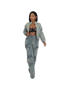 Stylish sexy high-stretch washed denim two-piece cargo set with multi-pocket jacket and pants