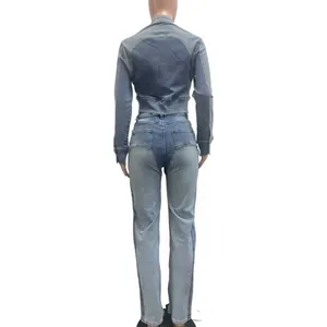 Back view of two-piece patchwork denim set with contrasting blue washes.