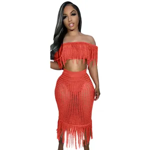 Sexy orange see-through crochet knit two-piece beach set with long fringe details